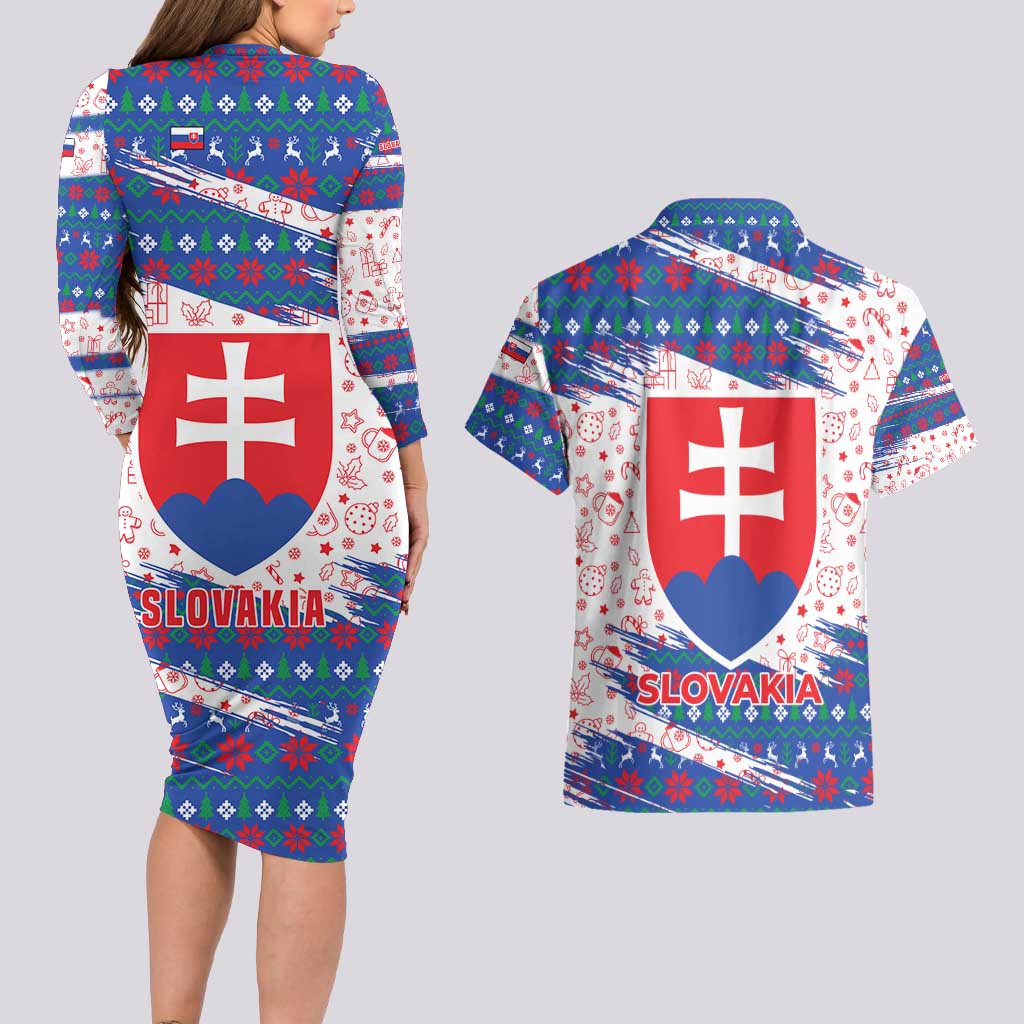 Slovakia Christmas Couples Matching Long Sleeve Bodycon Dress and Hawaiian Shirt with Bear Holding Tree Gingerbread Cookies and Red Blue Snowflake Pattern Design - Wonder Print Shop