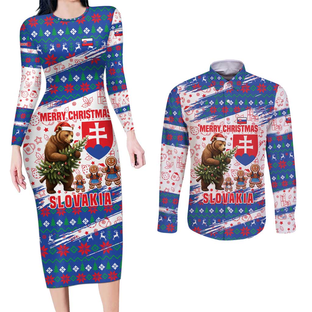 Slovakia Christmas Couples Matching Long Sleeve Bodycon Dress and Long Sleeve Button Shirt with Bear Holding Tree Gingerbread Cookies and Red Blue Snowflake Pattern Design - Wonder Print Shop