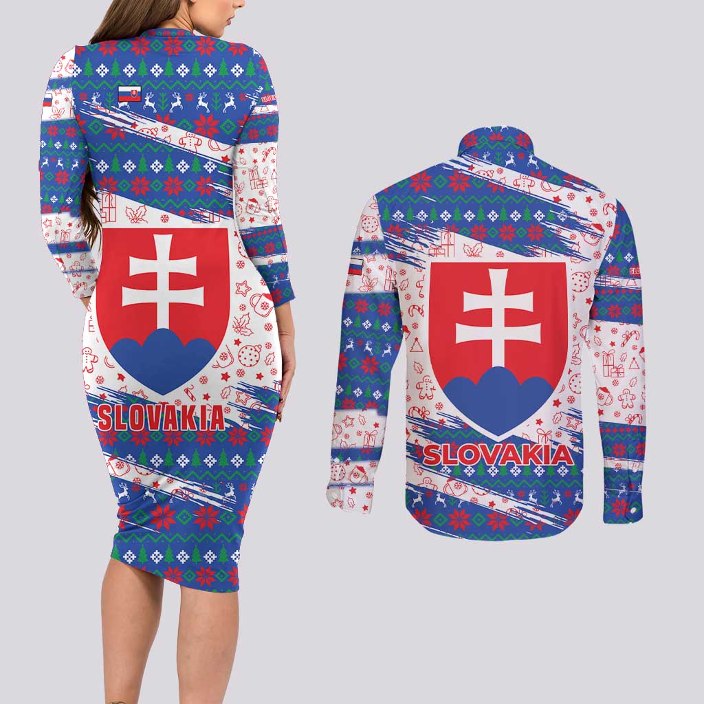 Slovakia Christmas Couples Matching Long Sleeve Bodycon Dress and Long Sleeve Button Shirt with Bear Holding Tree Gingerbread Cookies and Red Blue Snowflake Pattern Design - Wonder Print Shop