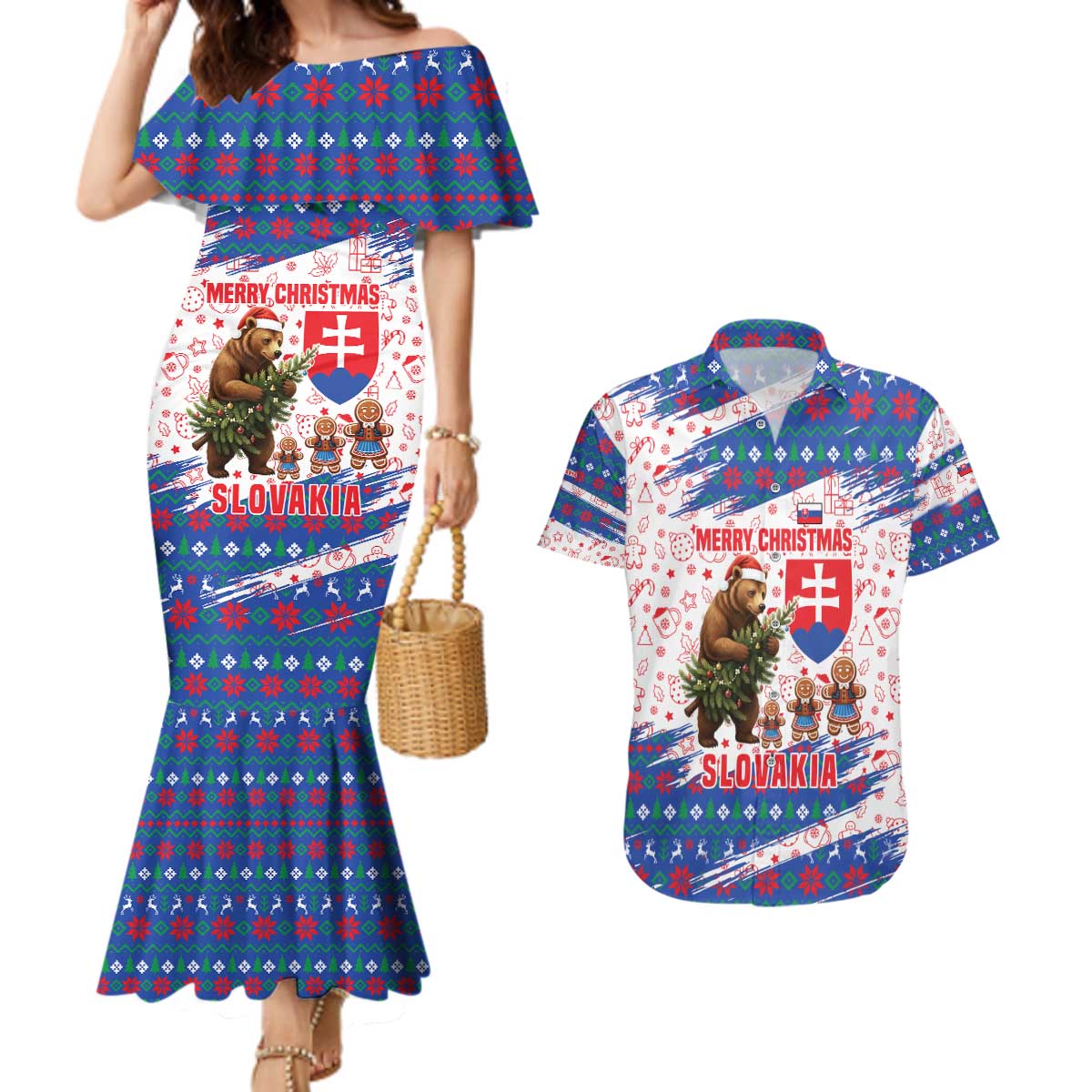 Slovakia Christmas Couples Matching Mermaid Dress and Hawaiian Shirt with Bear Holding Tree Gingerbread Cookies and Red Blue Snowflake Pattern Design - Wonder Print Shop