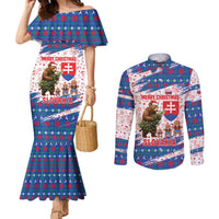 Slovakia Christmas Couples Matching Mermaid Dress and Long Sleeve Button Shirt with Bear Holding Tree Gingerbread Cookies and Red Blue Snowflake Pattern Design - Wonder Print Shop