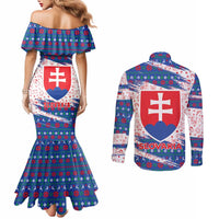 Slovakia Christmas Couples Matching Mermaid Dress and Long Sleeve Button Shirt with Bear Holding Tree Gingerbread Cookies and Red Blue Snowflake Pattern Design - Wonder Print Shop