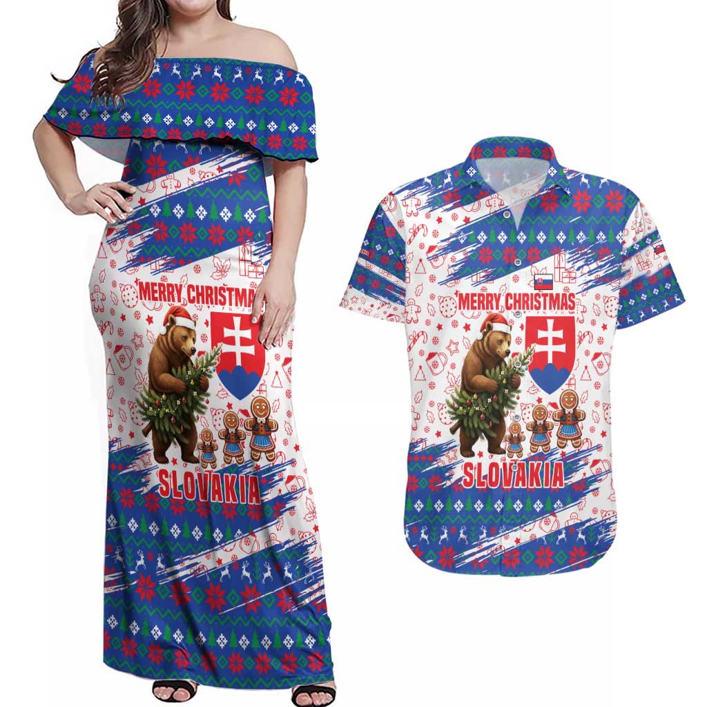 Slovakia Christmas Couples Matching Off Shoulder Maxi Dress and Hawaiian Shirt with Bear Holding Tree Gingerbread Cookies and Red Blue Snowflake Pattern Design - Wonder Print Shop