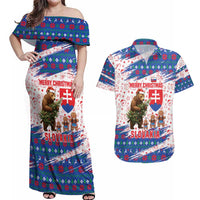 Slovakia Christmas Couples Matching Off Shoulder Maxi Dress and Hawaiian Shirt with Bear Holding Tree Gingerbread Cookies and Red Blue Snowflake Pattern Design - Wonder Print Shop
