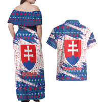 Slovakia Christmas Couples Matching Off Shoulder Maxi Dress and Hawaiian Shirt with Bear Holding Tree Gingerbread Cookies and Red Blue Snowflake Pattern Design - Wonder Print Shop