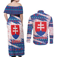 Slovakia Christmas Couples Matching Off Shoulder Maxi Dress and Long Sleeve Button Shirt with Bear Holding Tree Gingerbread Cookies and Red Blue Snowflake Pattern Design - Wonder Print Shop