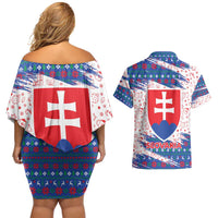 Slovakia Christmas Couples Matching Off Shoulder Short Dress and Hawaiian Shirt with Bear Holding Tree Gingerbread Cookies and Red Blue Snowflake Pattern Design - Wonder Print Shop