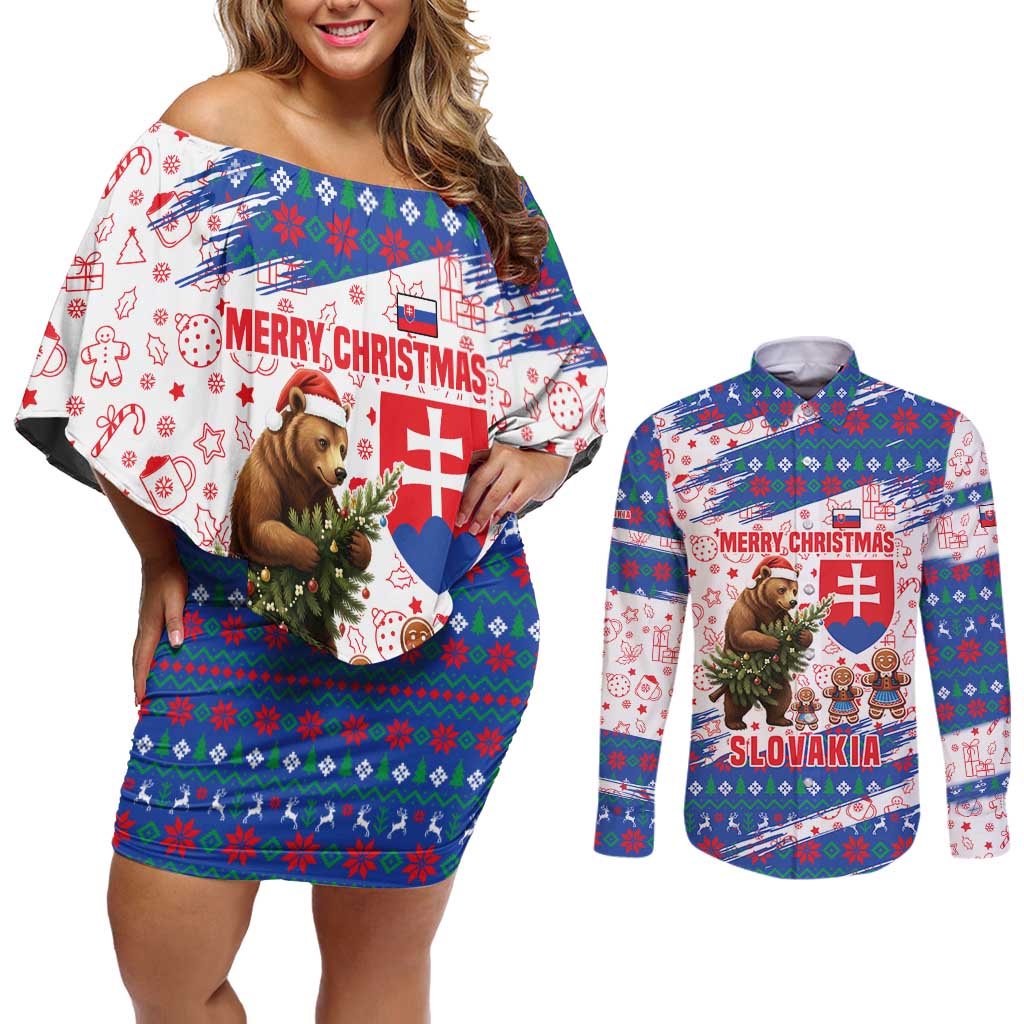 Slovakia Christmas Couples Matching Off Shoulder Short Dress and Long Sleeve Button Shirt with Bear Holding Tree Gingerbread Cookies and Red Blue Snowflake Pattern Design - Wonder Print Shop