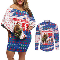 Slovakia Christmas Couples Matching Off Shoulder Short Dress and Long Sleeve Button Shirt with Bear Holding Tree Gingerbread Cookies and Red Blue Snowflake Pattern Design - Wonder Print Shop