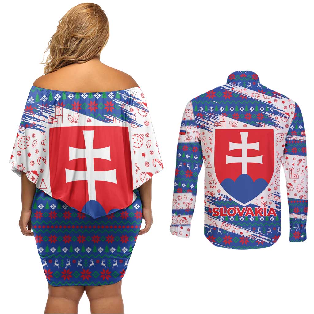 Slovakia Christmas Couples Matching Off Shoulder Short Dress and Long Sleeve Button Shirt with Bear Holding Tree Gingerbread Cookies and Red Blue Snowflake Pattern Design - Wonder Print Shop