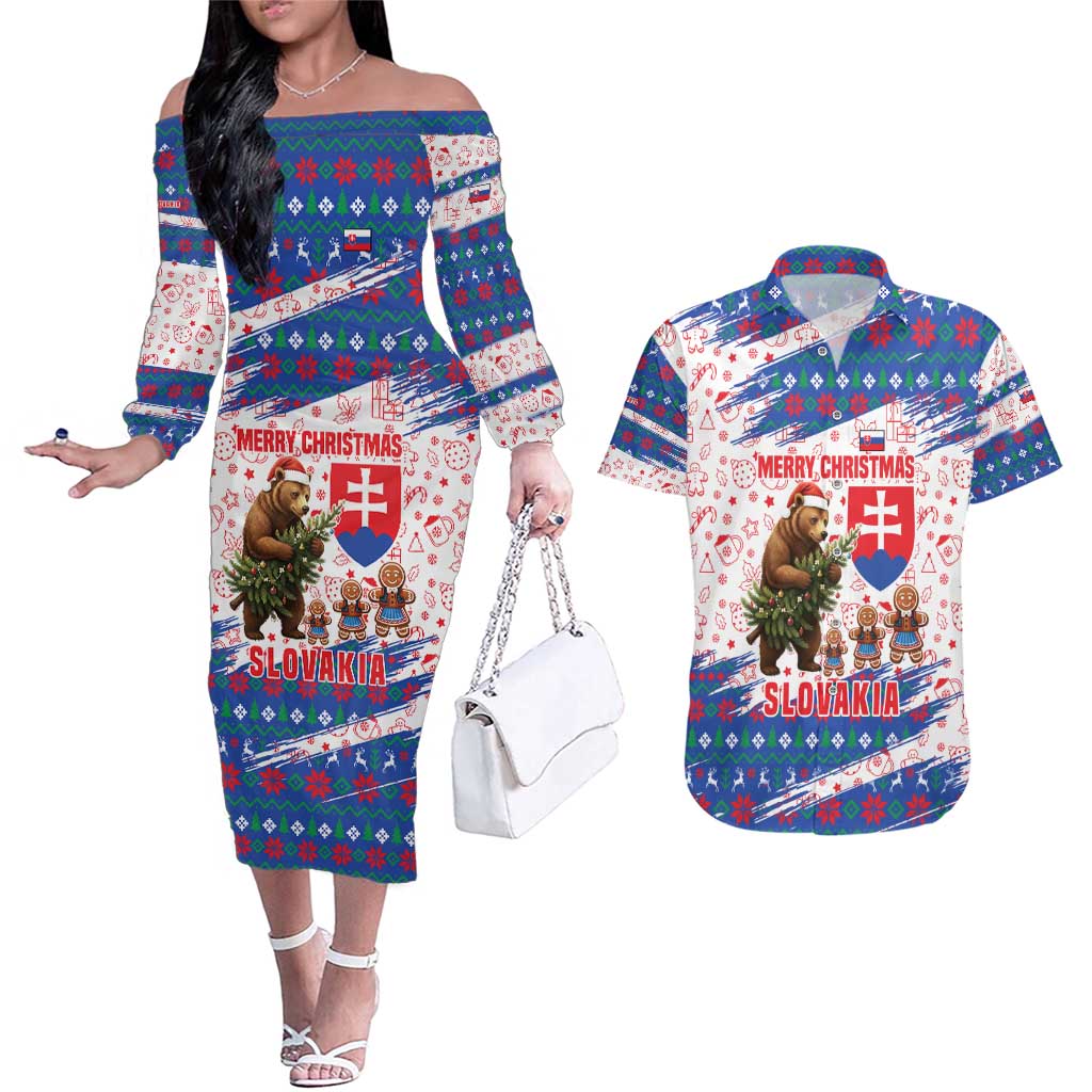 Slovakia Christmas Couples Matching Off The Shoulder Long Sleeve Dress and Hawaiian Shirt with Bear Holding Tree Gingerbread Cookies and Red Blue Snowflake Pattern Design - Wonder Print Shop