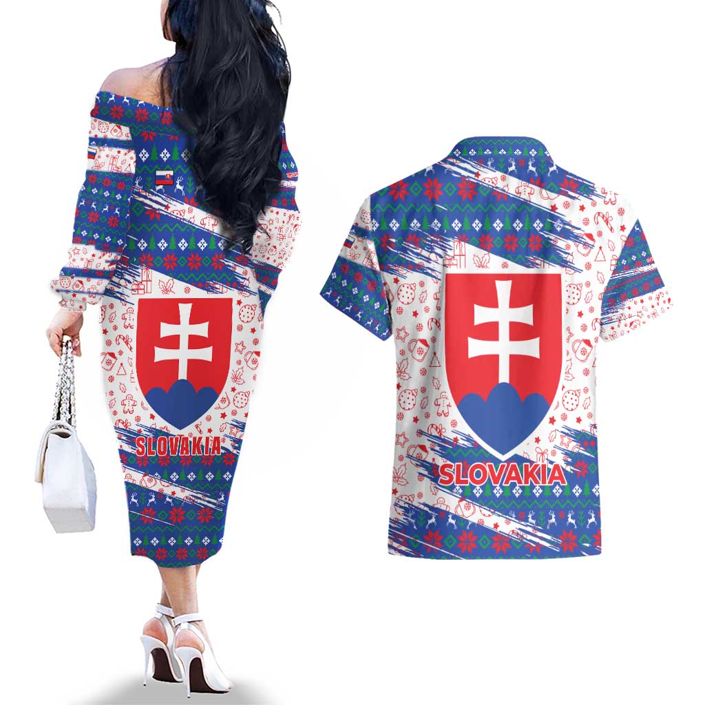 Slovakia Christmas Couples Matching Off The Shoulder Long Sleeve Dress and Hawaiian Shirt with Bear Holding Tree Gingerbread Cookies and Red Blue Snowflake Pattern Design - Wonder Print Shop