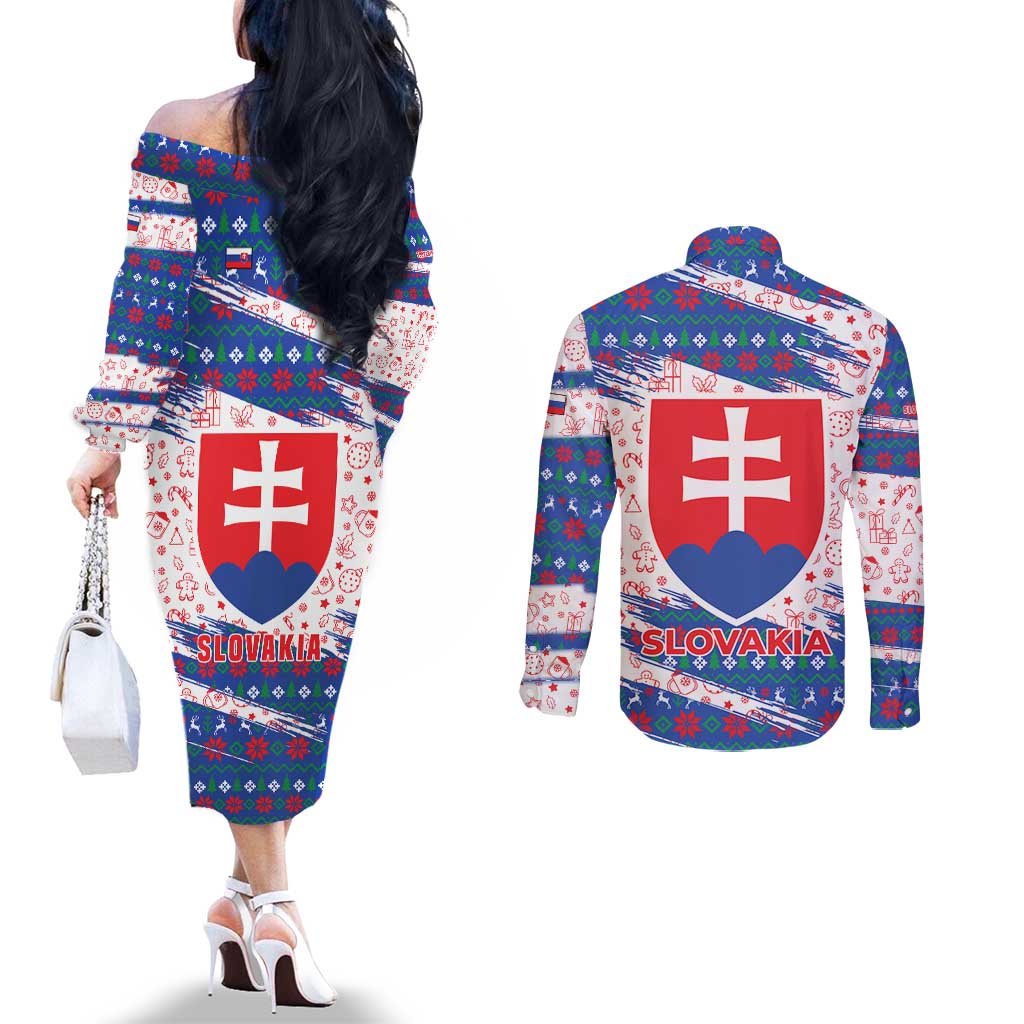 Slovakia Christmas Couples Matching Off The Shoulder Long Sleeve Dress and Long Sleeve Button Shirt with Bear Holding Tree Gingerbread Cookies and Red Blue Snowflake Pattern Design - Wonder Print Shop
