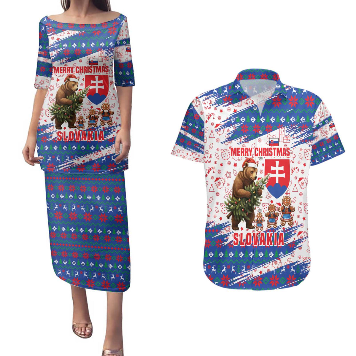 Slovakia Christmas Couples Matching Puletasi and Hawaiian Shirt with Bear Holding Tree Gingerbread Cookies and Red Blue Snowflake Pattern Design - Wonder Print Shop