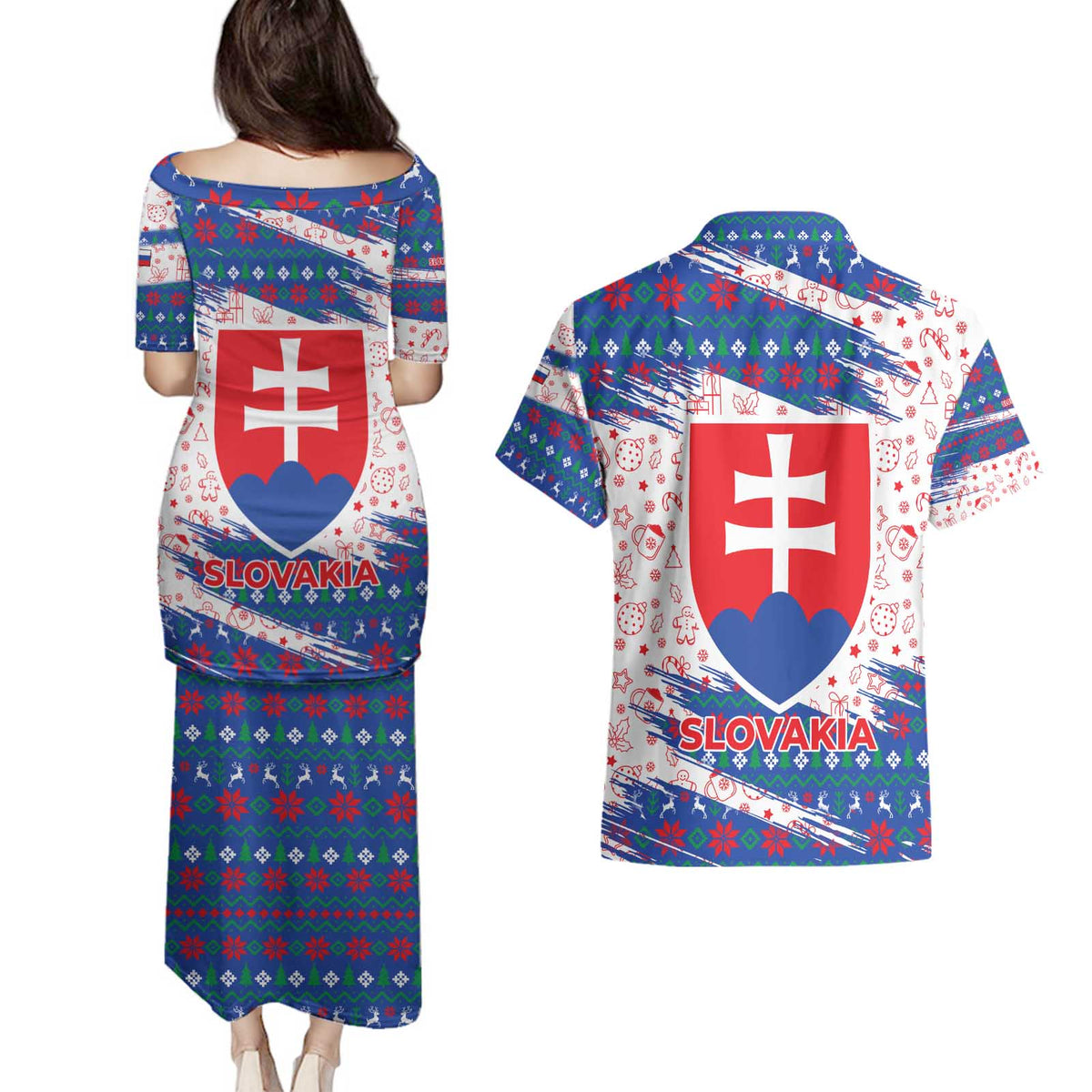 Slovakia Christmas Couples Matching Puletasi and Hawaiian Shirt with Bear Holding Tree Gingerbread Cookies and Red Blue Snowflake Pattern Design - Wonder Print Shop