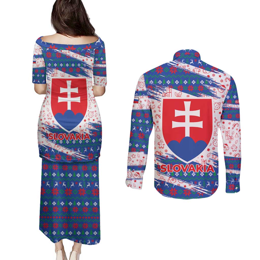 Slovakia Christmas Couples Matching Puletasi and Long Sleeve Button Shirt with Bear Holding Tree Gingerbread Cookies and Red Blue Snowflake Pattern Design - Wonder Print Shop