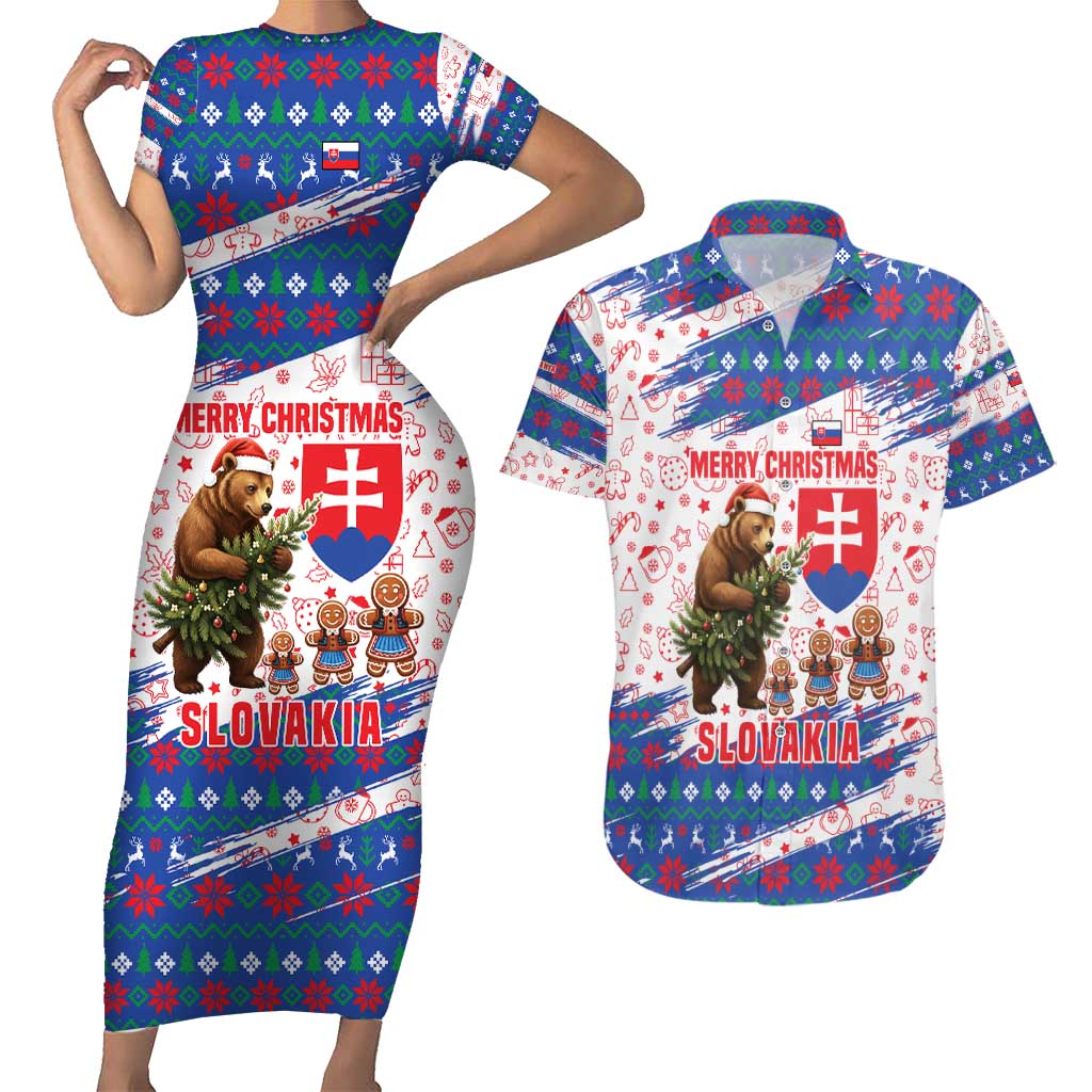 Slovakia Christmas Couples Matching Short Sleeve Bodycon Dress and Hawaiian Shirt with Bear Holding Tree Gingerbread Cookies and Red Blue Snowflake Pattern Design - Wonder Print Shop