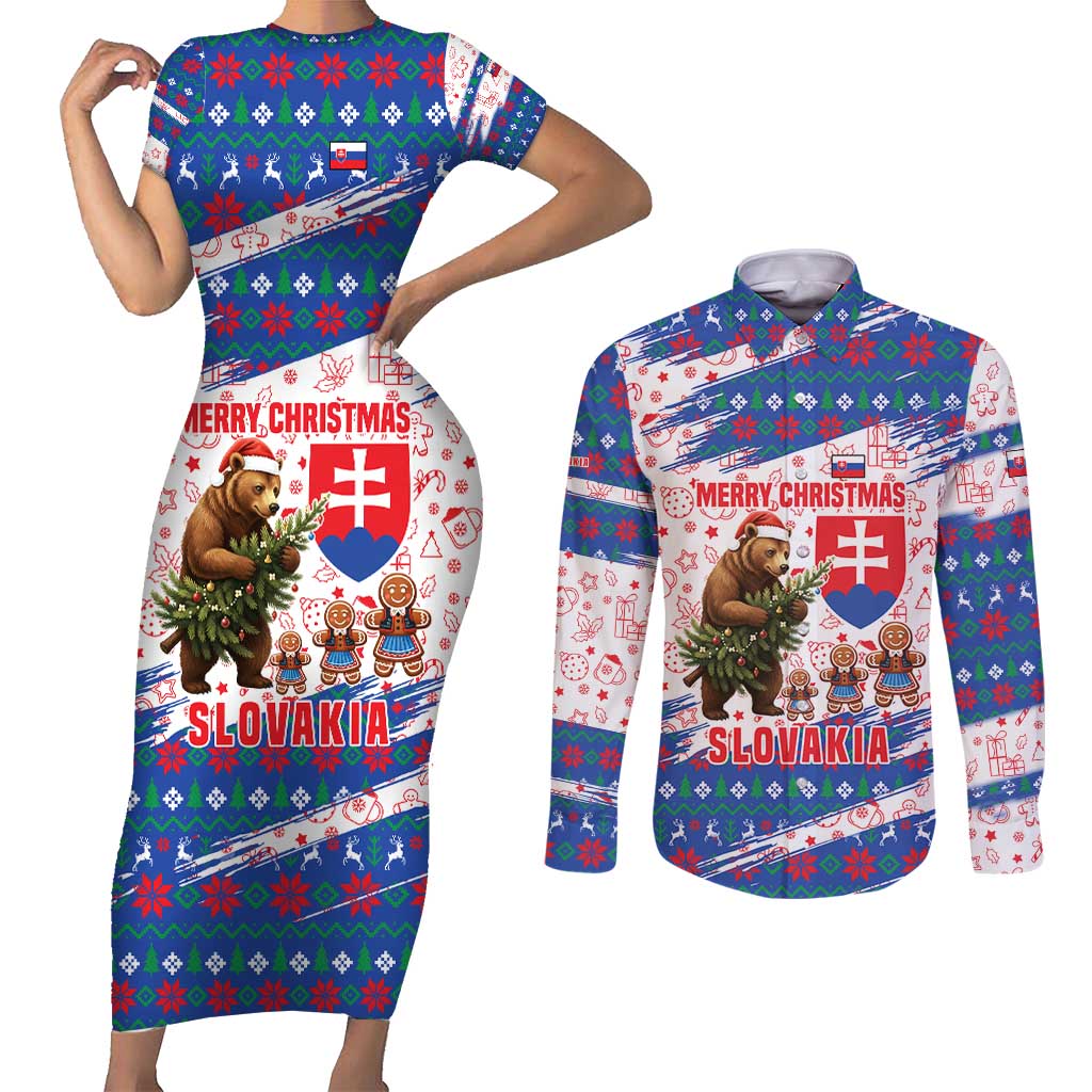 Slovakia Christmas Couples Matching Short Sleeve Bodycon Dress and Long Sleeve Button Shirt with Bear Holding Tree Gingerbread Cookies and Red Blue Snowflake Pattern Design - Wonder Print Shop