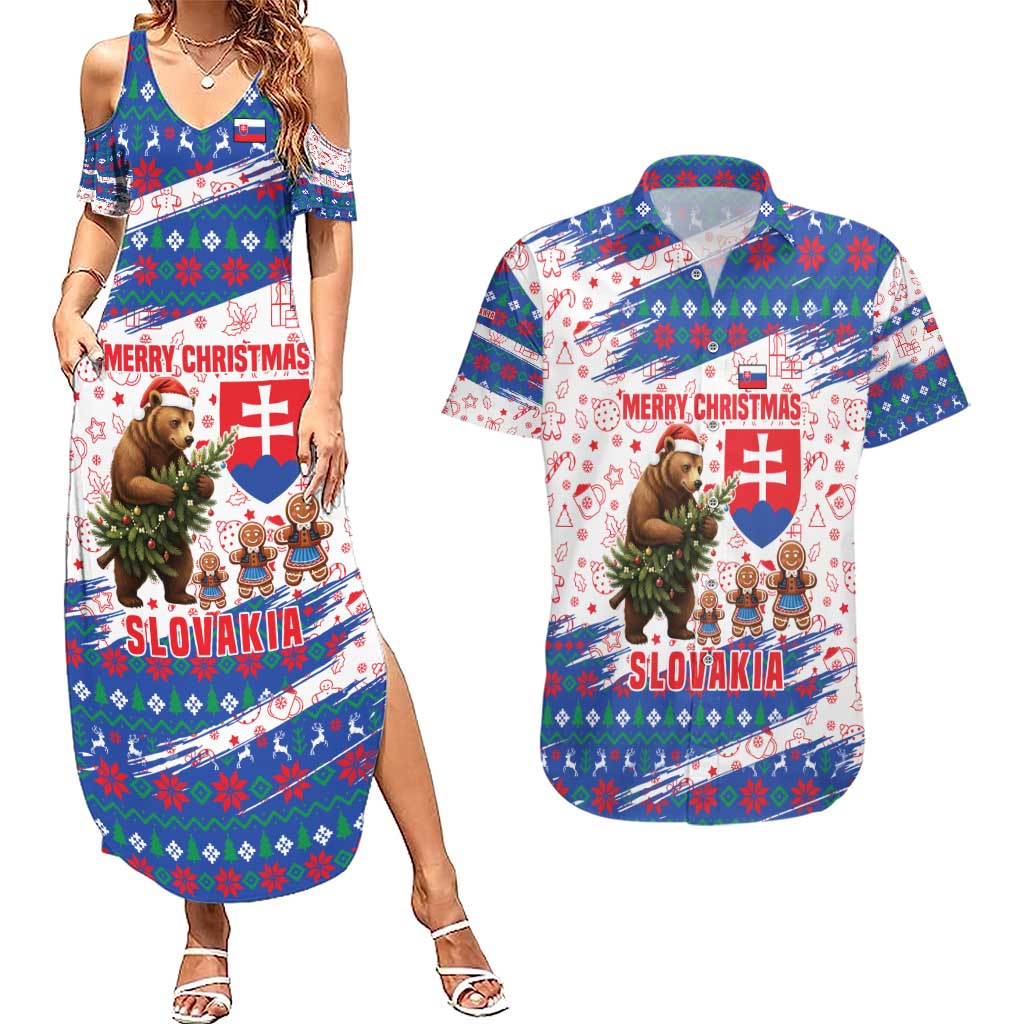 Slovakia Christmas Couples Matching Summer Maxi Dress and Hawaiian Shirt with Bear Holding Tree Gingerbread Cookies and Red Blue Snowflake Pattern Design - Wonder Print Shop