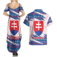 Slovakia Christmas Couples Matching Summer Maxi Dress and Hawaiian Shirt with Bear Holding Tree Gingerbread Cookies and Red Blue Snowflake Pattern Design - Wonder Print Shop