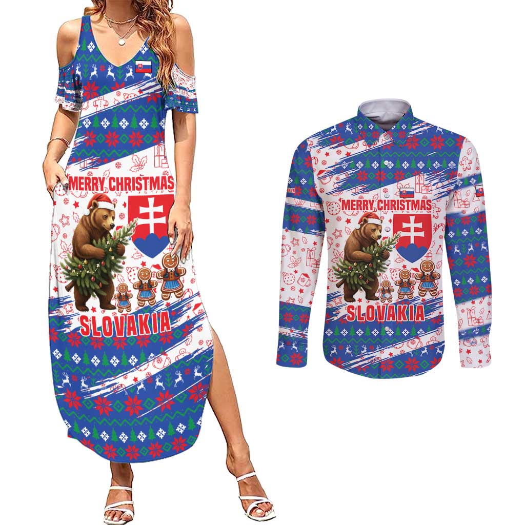 Slovakia Christmas Couples Matching Summer Maxi Dress and Long Sleeve Button Shirt with Bear Holding Tree Gingerbread Cookies and Red Blue Snowflake Pattern Design - Wonder Print Shop