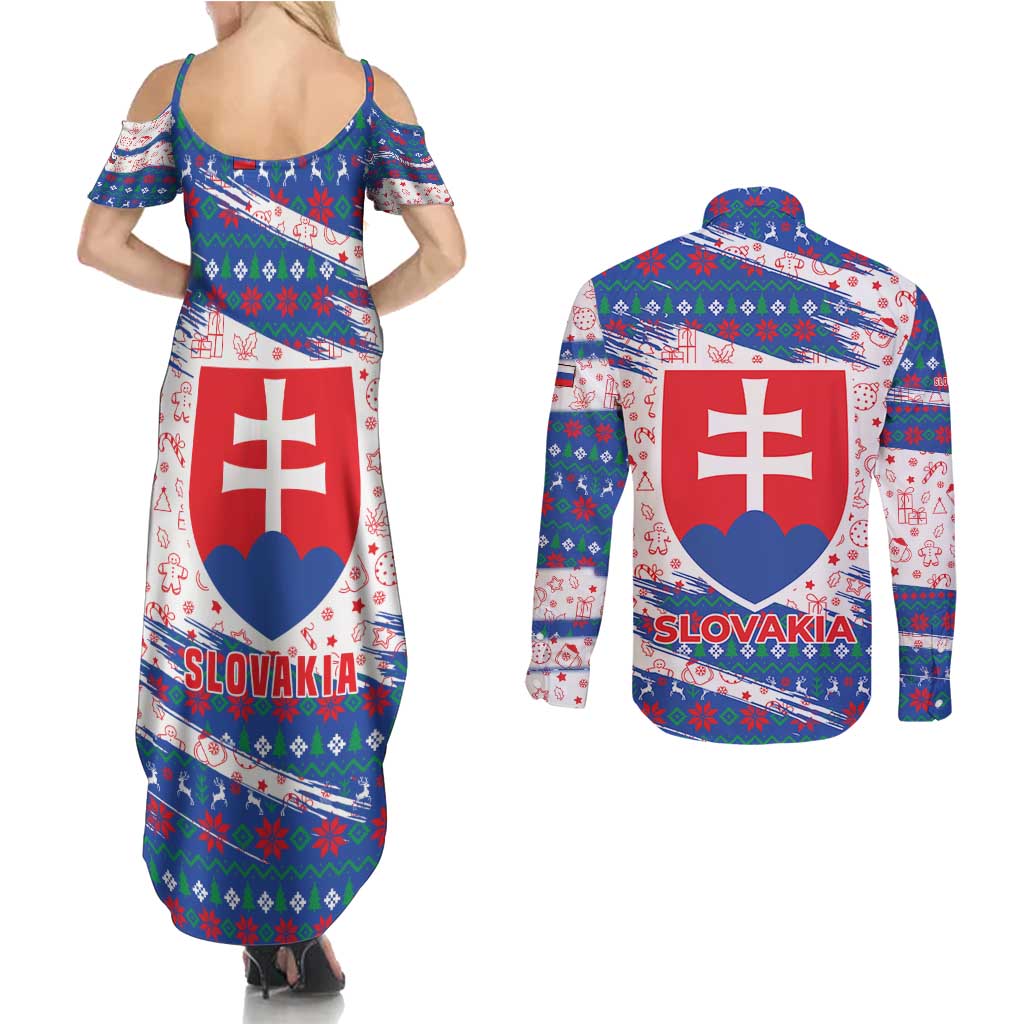 Slovakia Christmas Couples Matching Summer Maxi Dress and Long Sleeve Button Shirt with Bear Holding Tree Gingerbread Cookies and Red Blue Snowflake Pattern Design - Wonder Print Shop
