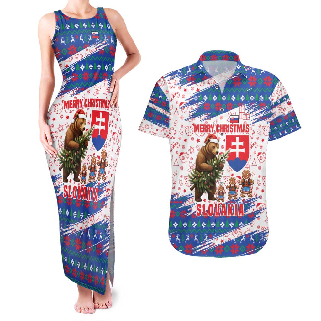Slovakia Christmas Couples Matching Tank Maxi Dress and Hawaiian Shirt with Bear Holding Tree Gingerbread Cookies and Red Blue Snowflake Pattern Design - Wonder Print Shop