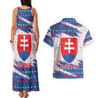 Slovakia Christmas Couples Matching Tank Maxi Dress and Hawaiian Shirt with Bear Holding Tree Gingerbread Cookies and Red Blue Snowflake Pattern Design - Wonder Print Shop