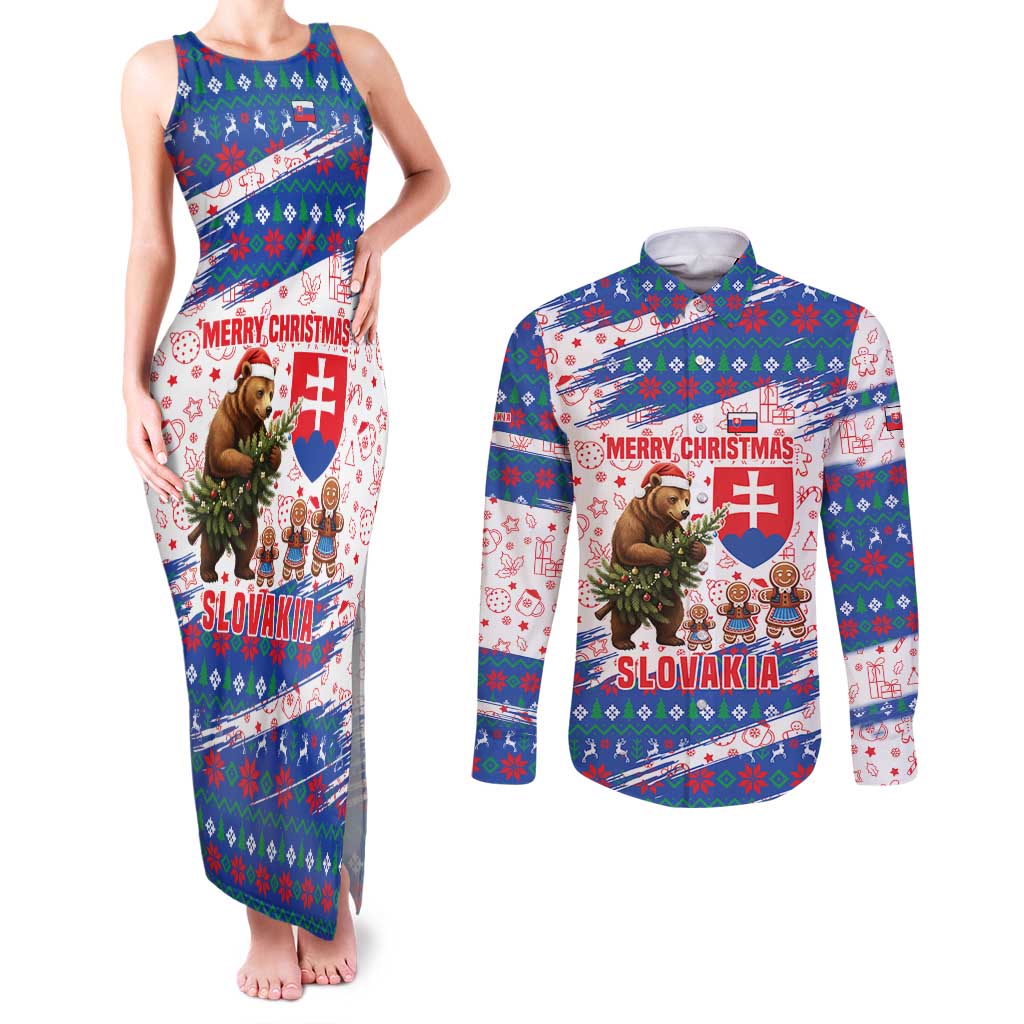 Slovakia Christmas Couples Matching Tank Maxi Dress and Long Sleeve Button Shirt with Bear Holding Tree Gingerbread Cookies and Red Blue Snowflake Pattern Design - Wonder Print Shop