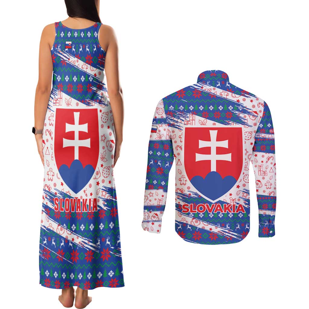 Slovakia Christmas Couples Matching Tank Maxi Dress and Long Sleeve Button Shirt with Bear Holding Tree Gingerbread Cookies and Red Blue Snowflake Pattern Design - Wonder Print Shop