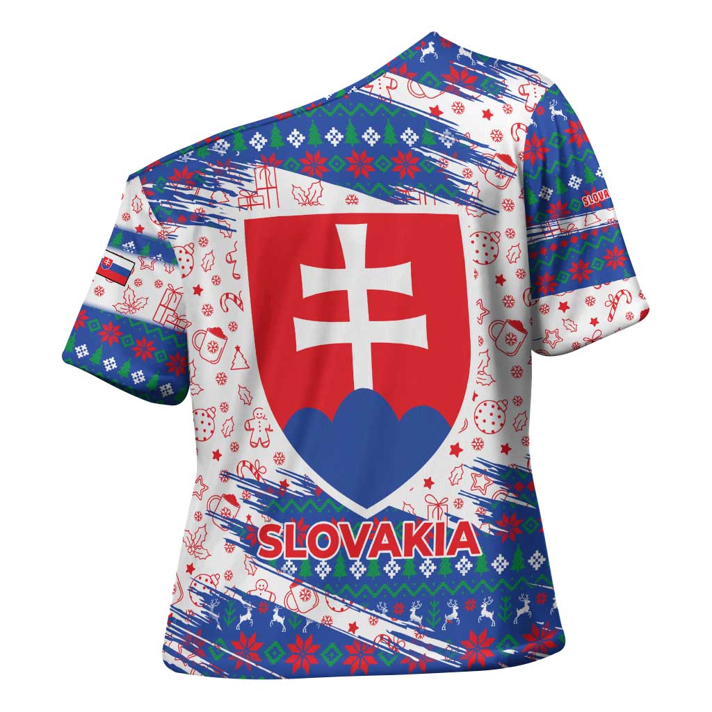 Slovakia Christmas Cross Shoulder Shirt with Bear Holding Tree Gingerbread Cookies and Red Blue Snowflake Pattern Design - Wonder Print Shop