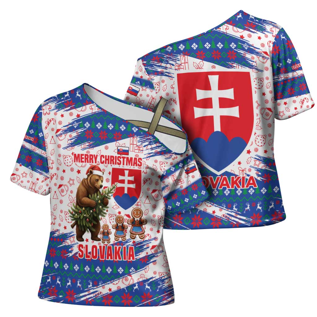 Slovakia Christmas Cross Shoulder Shirt with Bear Holding Tree Gingerbread Cookies and Red Blue Snowflake Pattern Design - Wonder Print Shop