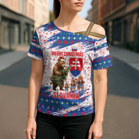 Slovakia Christmas Cross Shoulder Shirt with Bear Holding Tree Gingerbread Cookies and Red Blue Snowflake Pattern Design - Wonder Print Shop