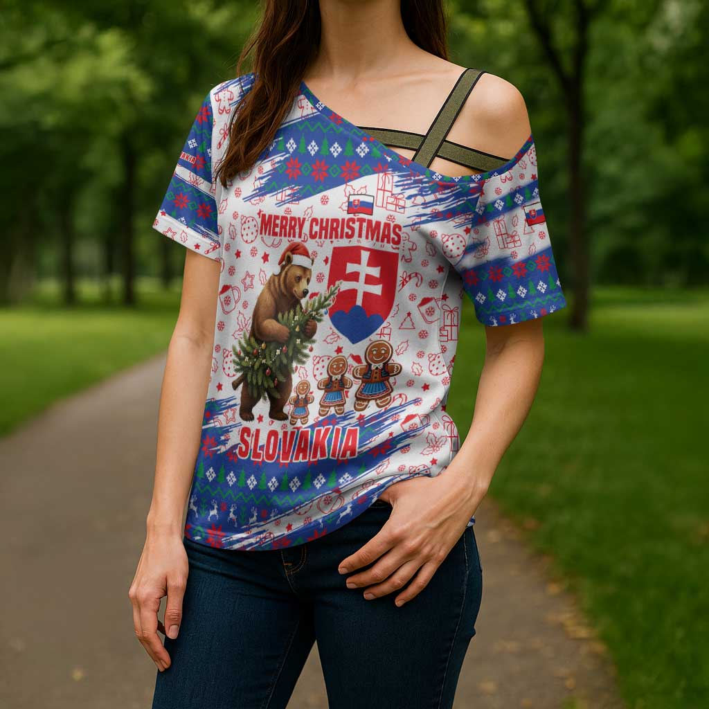 Slovakia Christmas Cross Shoulder Shirt with Bear Holding Tree Gingerbread Cookies and Red Blue Snowflake Pattern Design - Wonder Print Shop