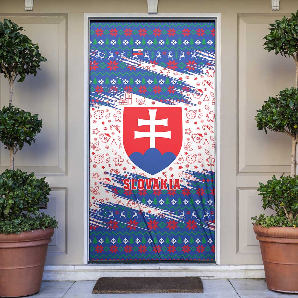 Slovakia Christmas Door Cover with Bear Holding Tree Gingerbread Cookies and Red Blue Snowflake Pattern Design - Wonder Print Shop