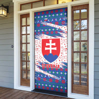 Slovakia Christmas Door Cover with Bear Holding Tree Gingerbread Cookies and Red Blue Snowflake Pattern Design - Wonder Print Shop