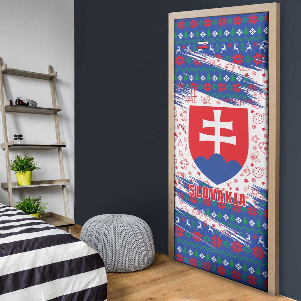 Slovakia Christmas Door Cover with Bear Holding Tree Gingerbread Cookies and Red Blue Snowflake Pattern Design - Wonder Print Shop
