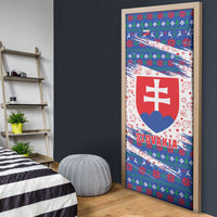 Slovakia Christmas Door Cover with Bear Holding Tree Gingerbread Cookies and Red Blue Snowflake Pattern Design - Wonder Print Shop