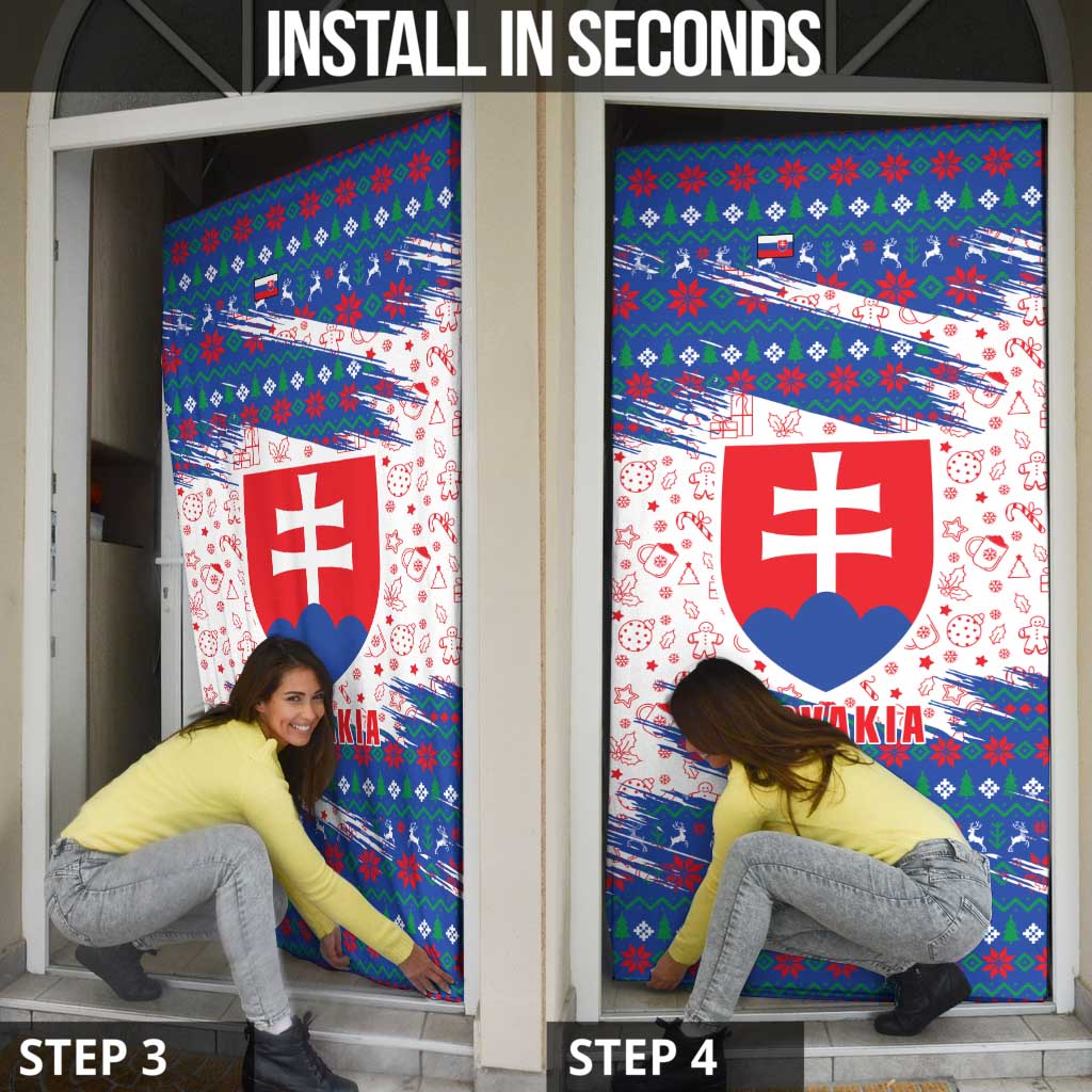 Slovakia Christmas Door Cover with Bear Holding Tree Gingerbread Cookies and Red Blue Snowflake Pattern Design - Wonder Print Shop