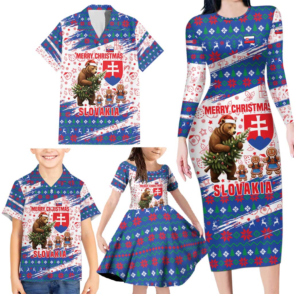 Slovakia Christmas Family Matching Long Sleeve Bodycon Dress and Hawaiian Shirt with Bear Holding Tree Gingerbread Cookies and Red Blue Snowflake Pattern Design - Wonder Print Shop