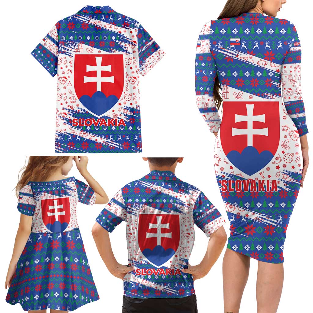Slovakia Christmas Family Matching Long Sleeve Bodycon Dress and Hawaiian Shirt with Bear Holding Tree Gingerbread Cookies and Red Blue Snowflake Pattern Design - Wonder Print Shop