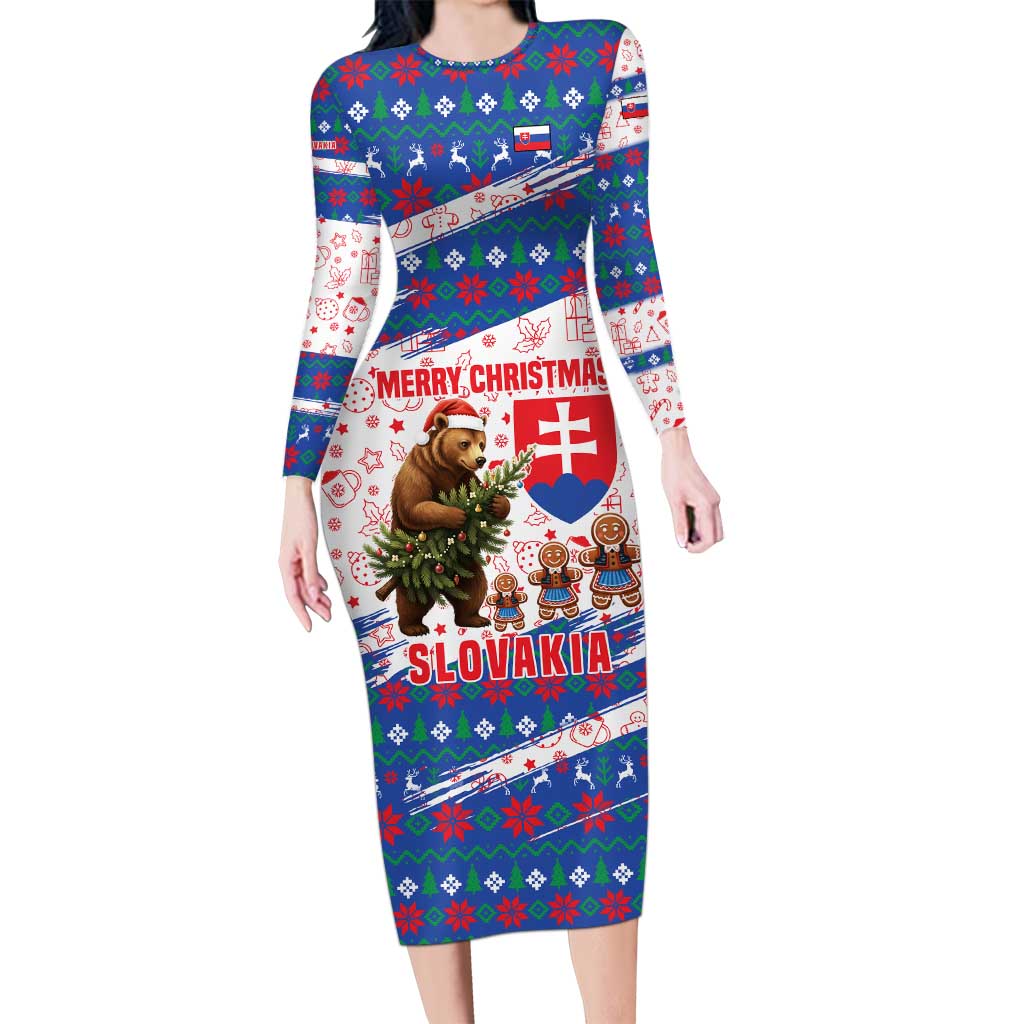 Slovakia Christmas Family Matching Long Sleeve Bodycon Dress and Hawaiian Shirt with Bear Holding Tree Gingerbread Cookies and Red Blue Snowflake Pattern Design - Wonder Print Shop