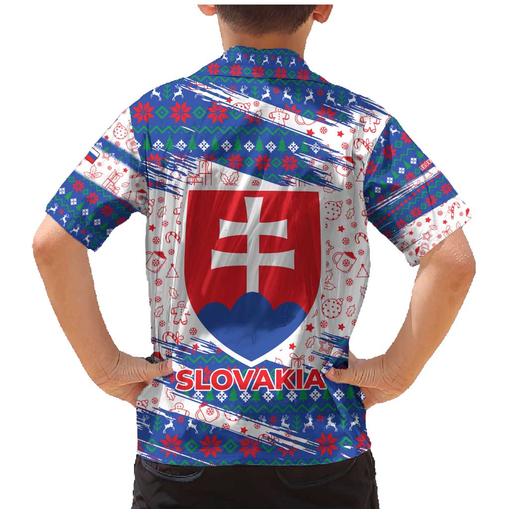 Slovakia Christmas Family Matching Mermaid Dress and Hawaiian Shirt with Bear Holding Tree Gingerbread Cookies and Red Blue Snowflake Pattern Design - Wonder Print Shop
