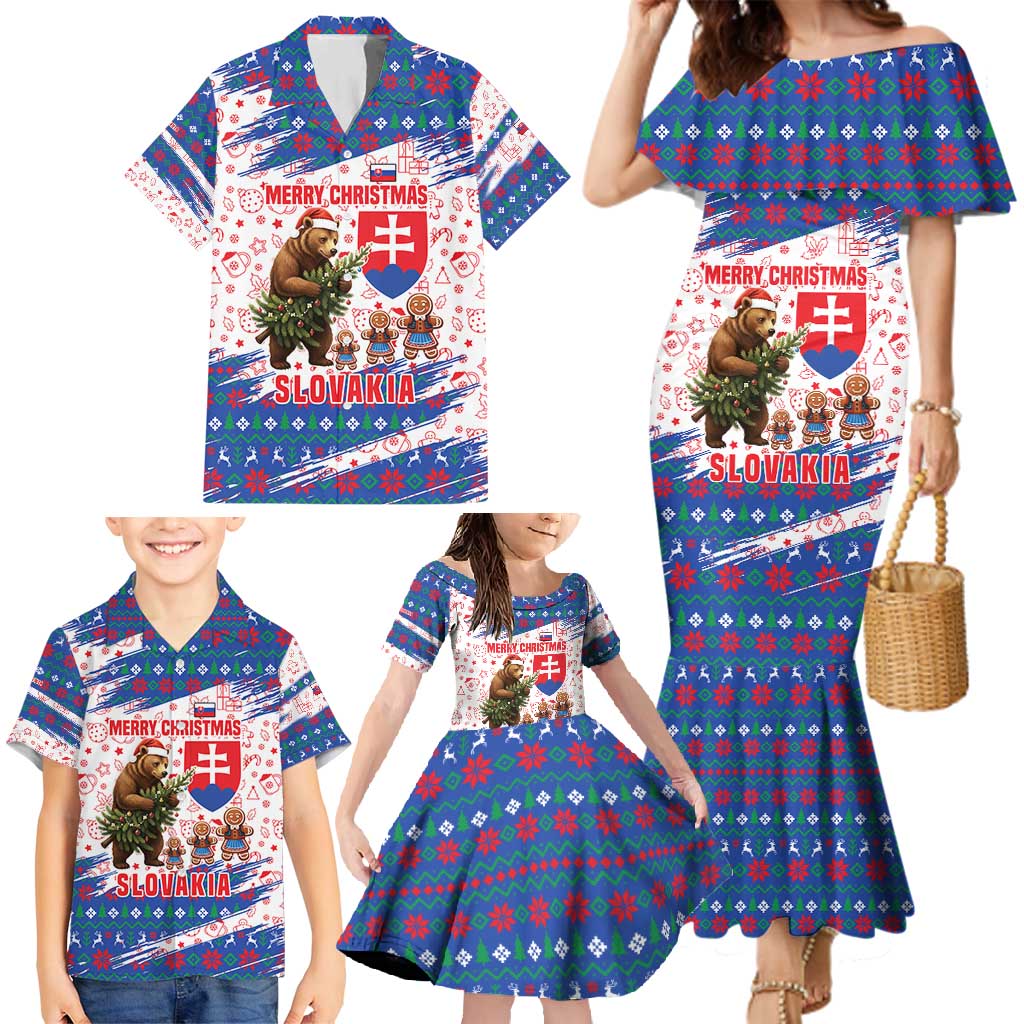 Slovakia Christmas Family Matching Mermaid Dress and Hawaiian Shirt with Bear Holding Tree Gingerbread Cookies and Red Blue Snowflake Pattern Design - Wonder Print Shop