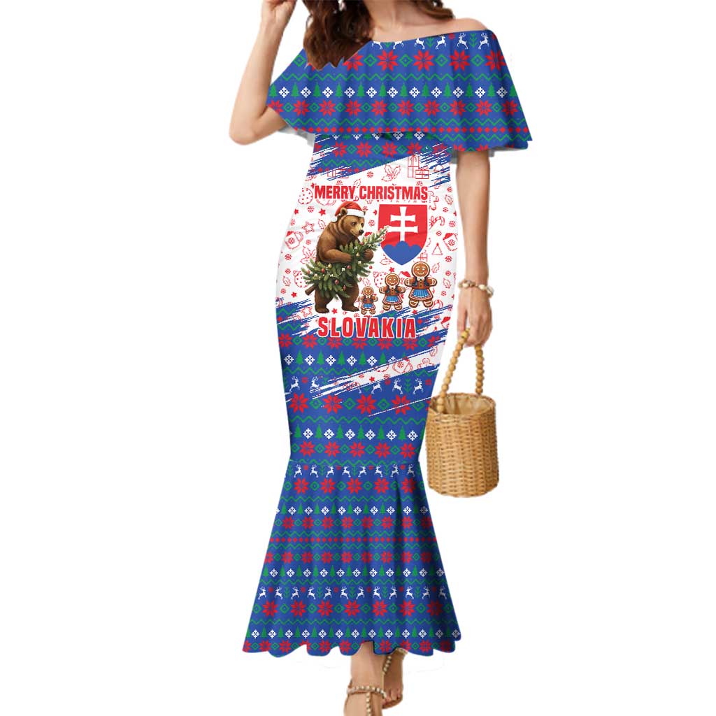 Slovakia Christmas Family Matching Mermaid Dress and Hawaiian Shirt with Bear Holding Tree Gingerbread Cookies and Red Blue Snowflake Pattern Design - Wonder Print Shop