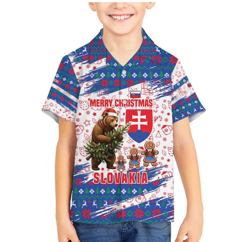 Slovakia Christmas Family Matching Mermaid Dress and Hawaiian Shirt with Bear Holding Tree Gingerbread Cookies and Red Blue Snowflake Pattern Design - Wonder Print Shop