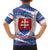 Slovakia Christmas Family Matching Off The Shoulder Long Sleeve Dress and Hawaiian Shirt with Bear Holding Tree Gingerbread Cookies and Red Blue Snowflake Pattern Design - Wonder Print Shop