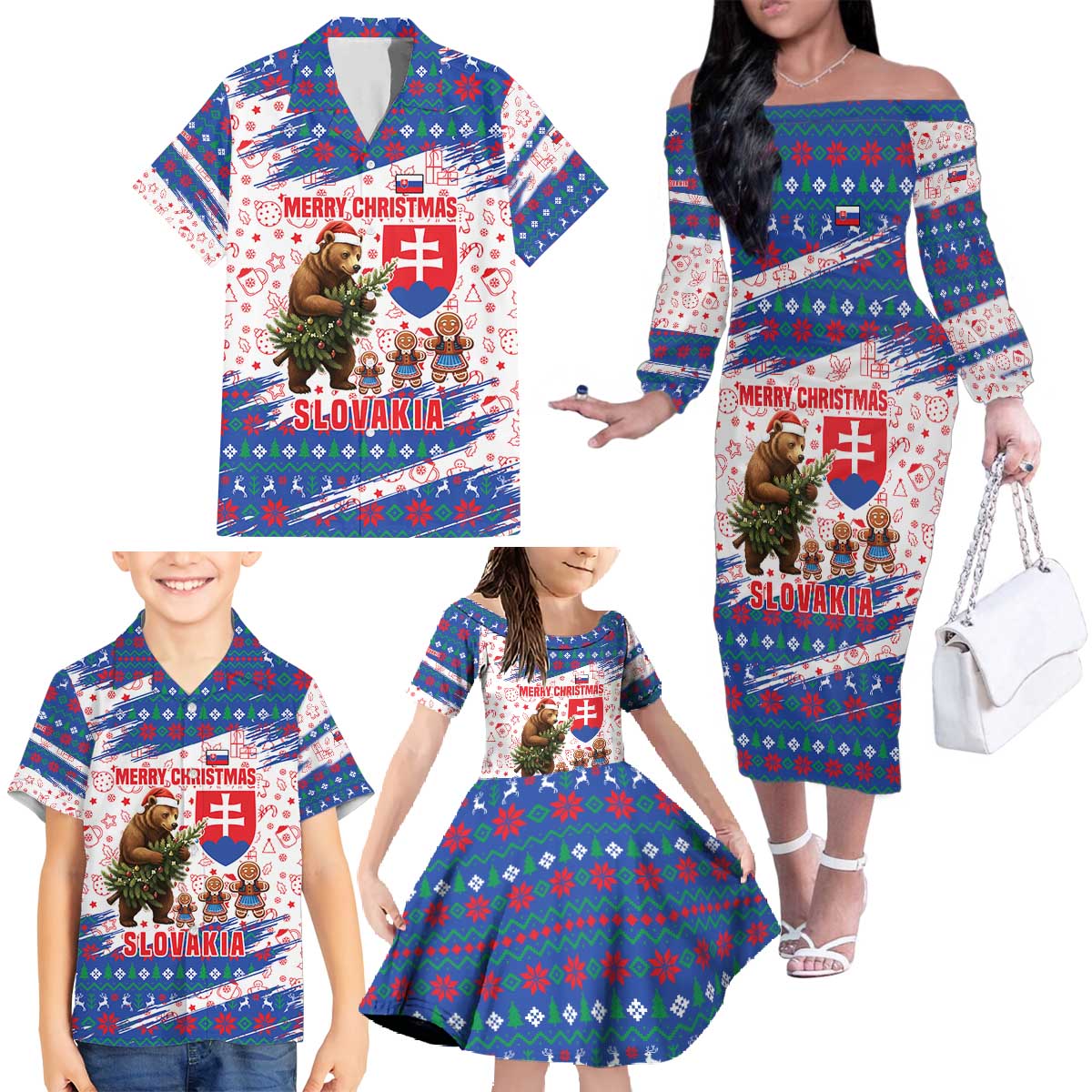 Slovakia Christmas Family Matching Off The Shoulder Long Sleeve Dress and Hawaiian Shirt with Bear Holding Tree Gingerbread Cookies and Red Blue Snowflake Pattern Design - Wonder Print Shop