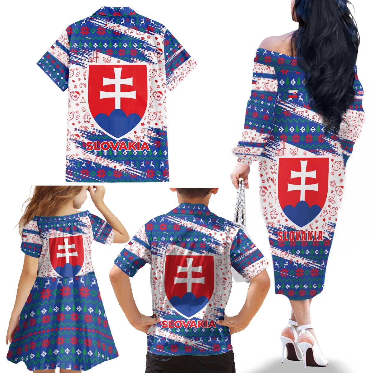 Slovakia Christmas Family Matching Off The Shoulder Long Sleeve Dress and Hawaiian Shirt with Bear Holding Tree Gingerbread Cookies and Red Blue Snowflake Pattern Design - Wonder Print Shop