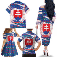 Slovakia Christmas Family Matching Off The Shoulder Long Sleeve Dress and Hawaiian Shirt with Bear Holding Tree Gingerbread Cookies and Red Blue Snowflake Pattern Design - Wonder Print Shop